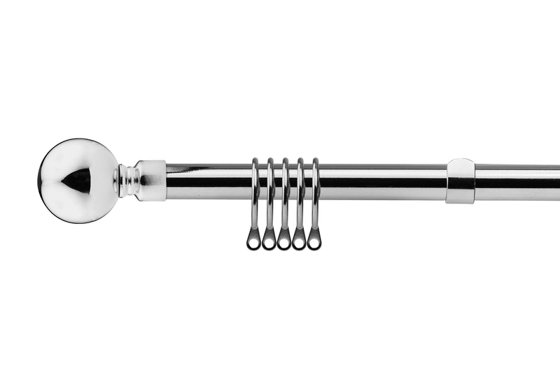 Ball - Extendable Curtain Pole with Rings and Pair of End Finials in Chrome