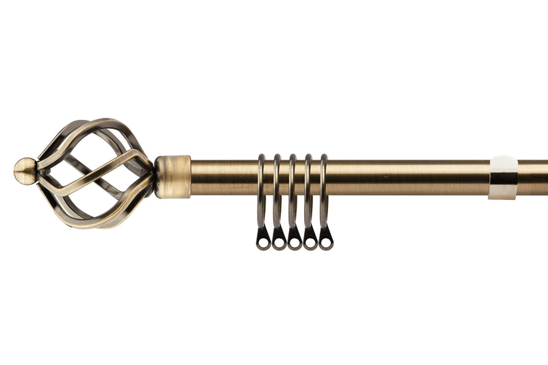 Bird Cage - Extendable Curtain Pole with Rings and Pair of End Finials in Antique Brass