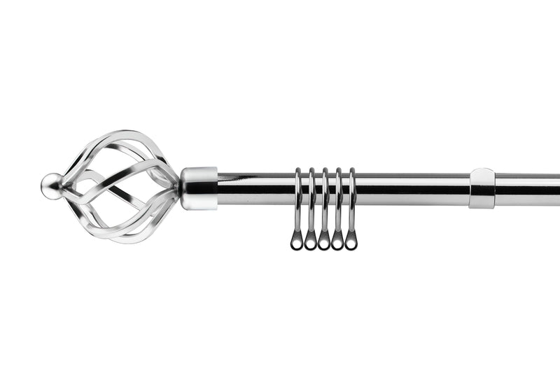 Bird Cage - Extendable Curtain Pole with Rings and Pair of End Finials in Chrome