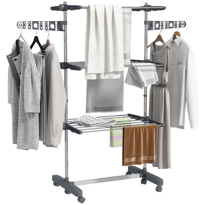 HOMCOM 3-Tier Large Clothes Airer Stainless Steel Clothes Drying Rack Grey