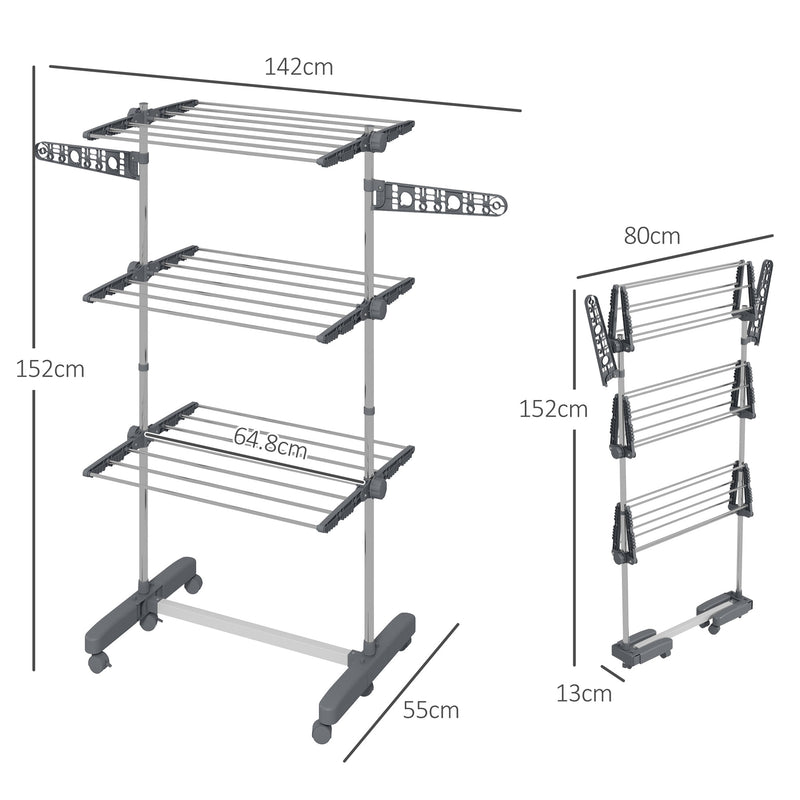 HOMCOM 3-Tier Large Clothes Airer Stainless Steel Clothes Drying Rack Grey