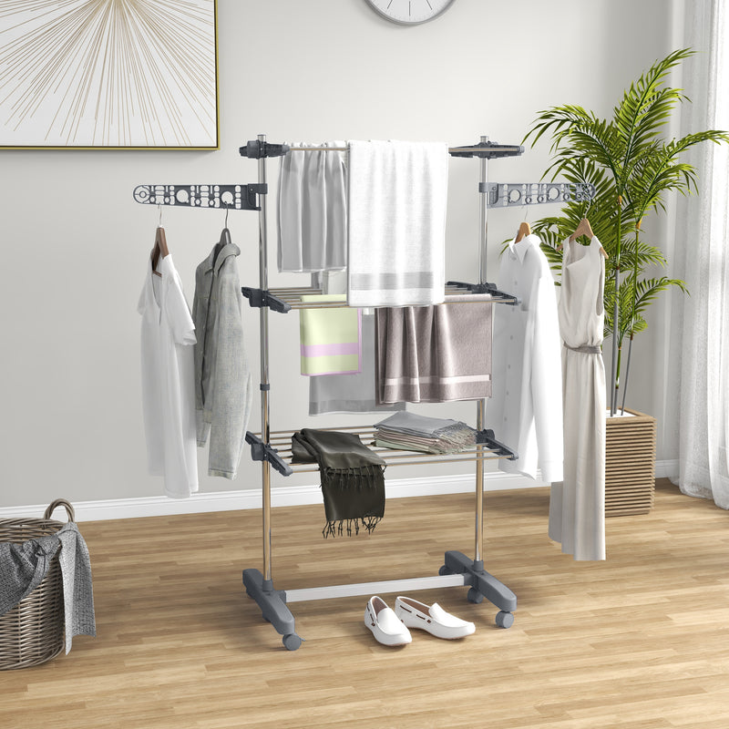 HOMCOM 3-Tier Large Clothes Airer Stainless Steel Clothes Drying Rack Grey