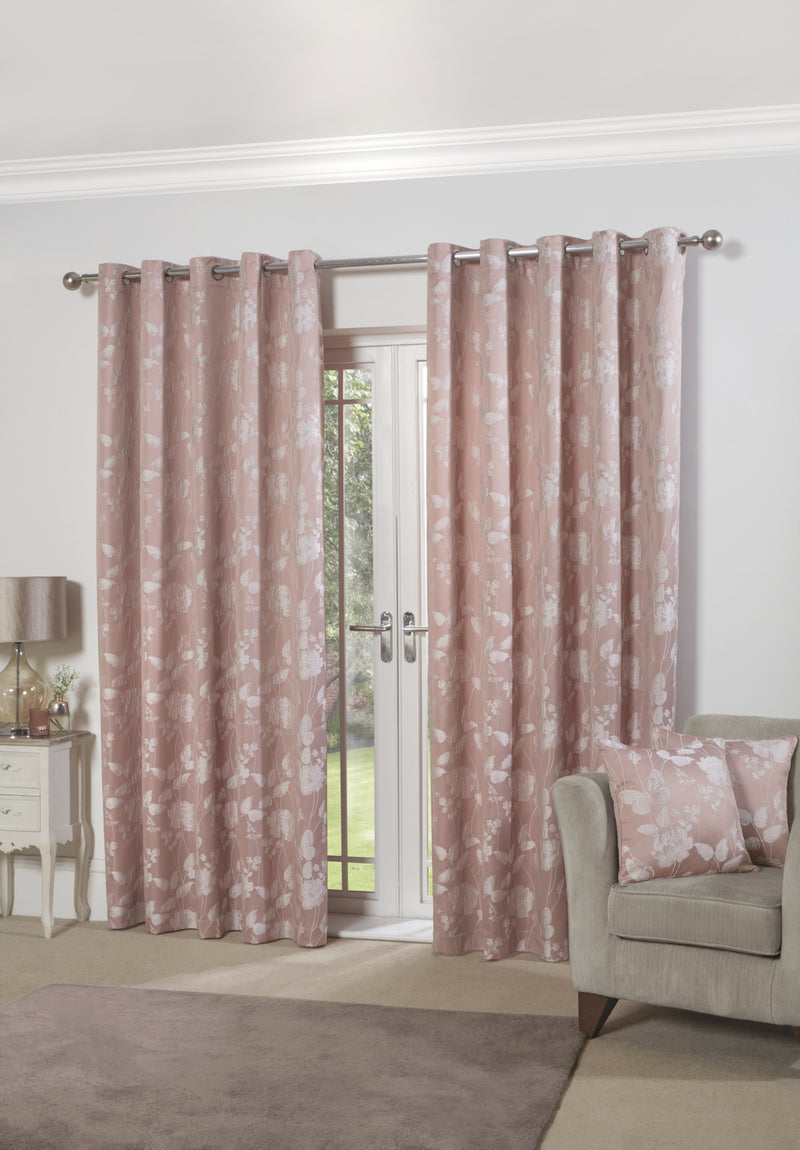 Butterfly Meadow - Lined Eyelet Jacquard Curtains in Blush Pink