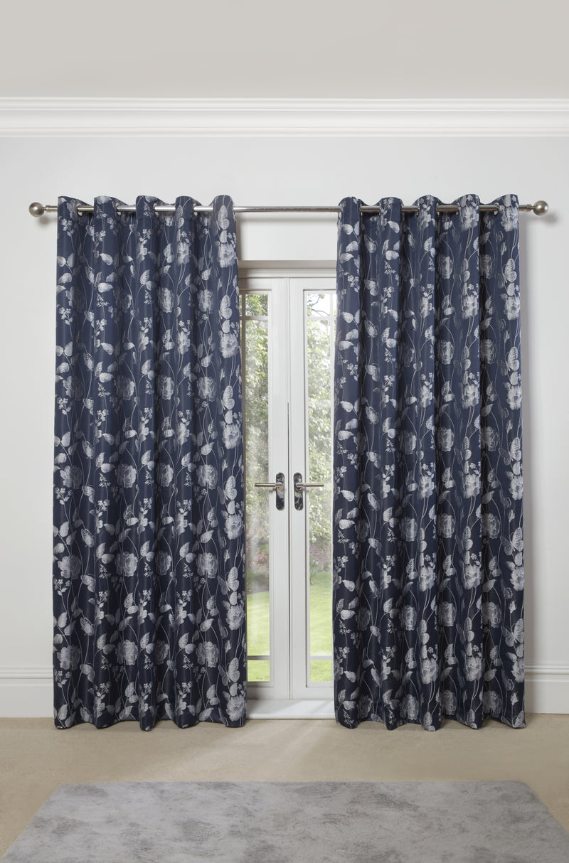 Butterfly Meadow - Lined Eyelet Jacquard Curtains in Navy