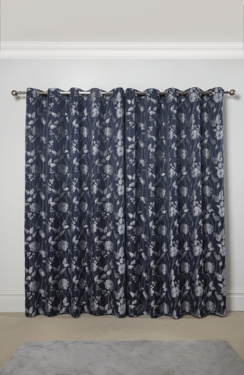 Butterfly Meadow - Lined Eyelet Jacquard Curtains in Navy