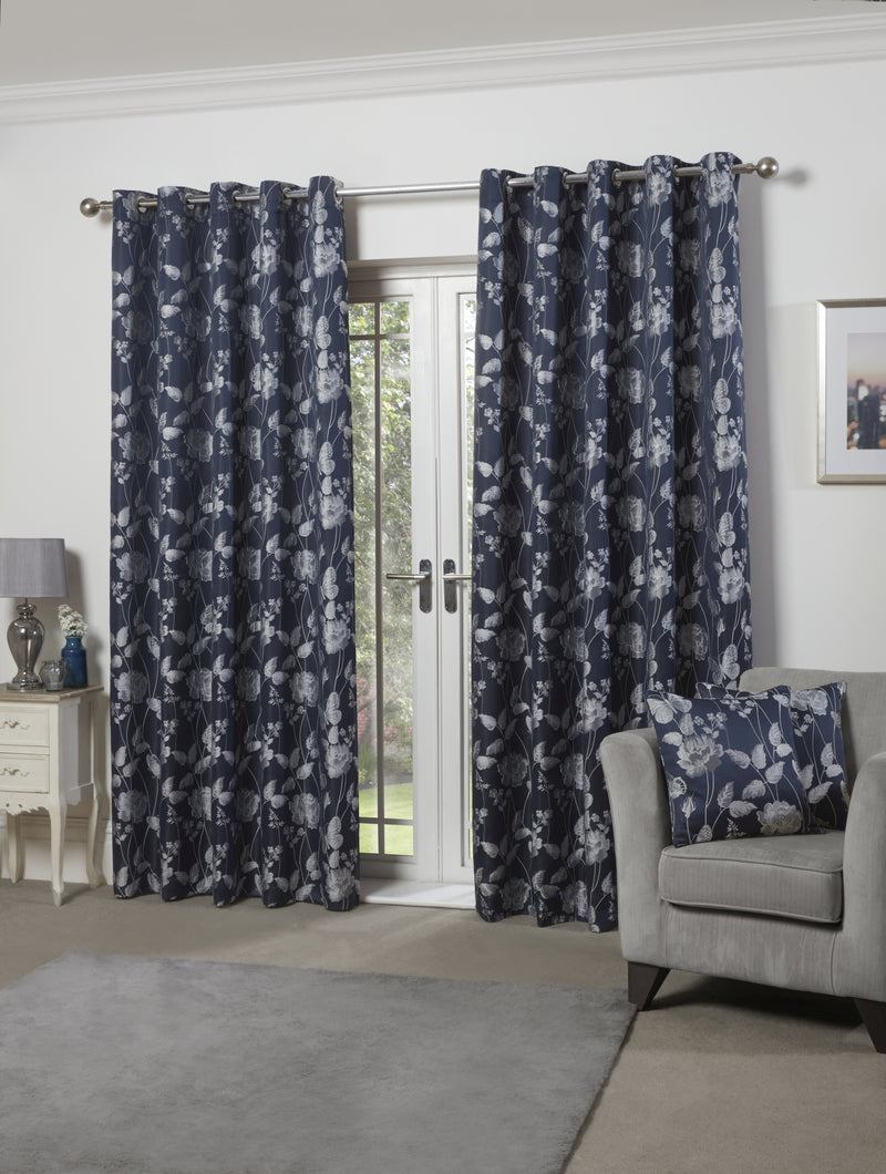 Butterfly Meadow - Lined Eyelet Jacquard Curtains in Navy