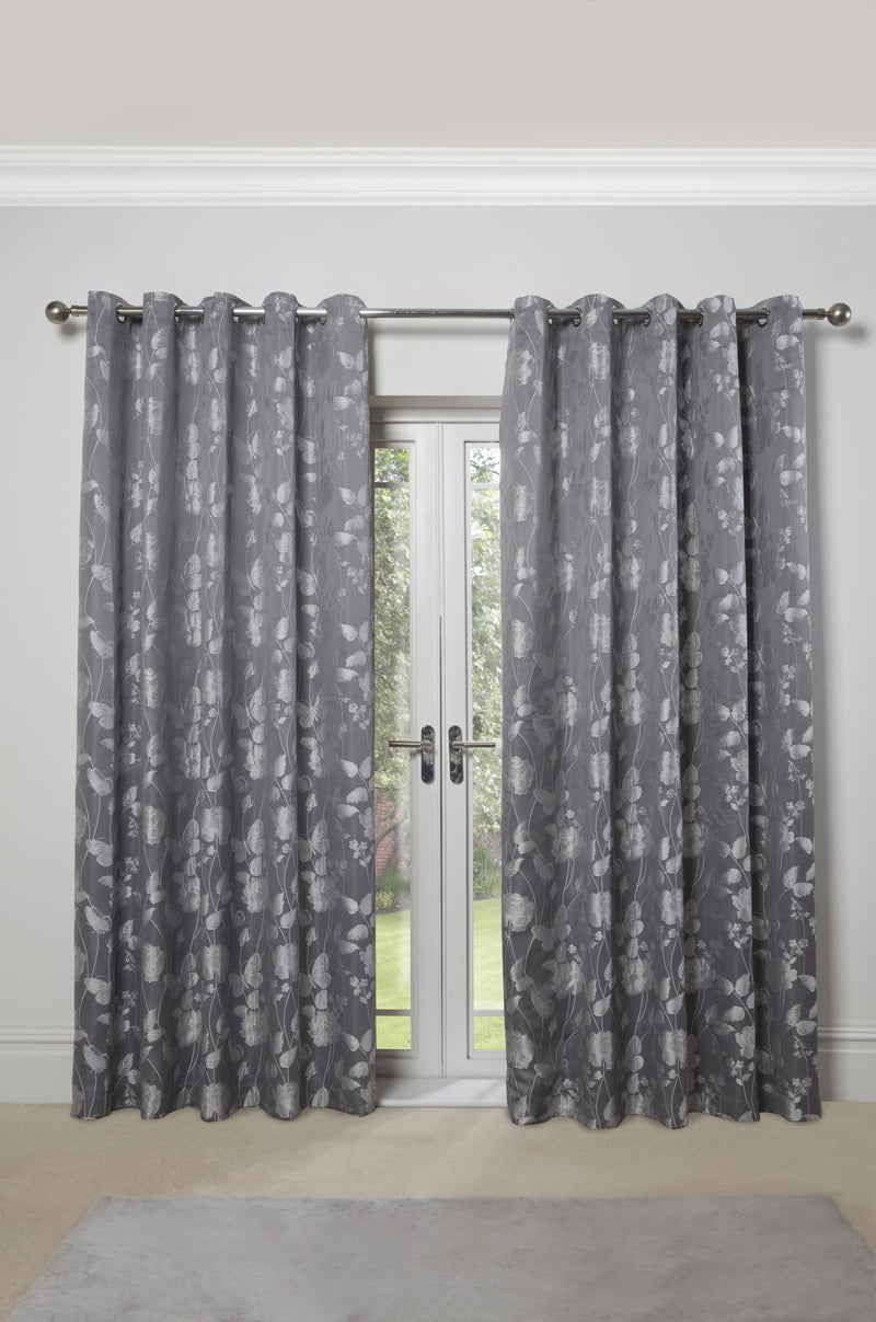 Butterfly Meadow - Lined Eyelet Jacquard Curtains in Silver