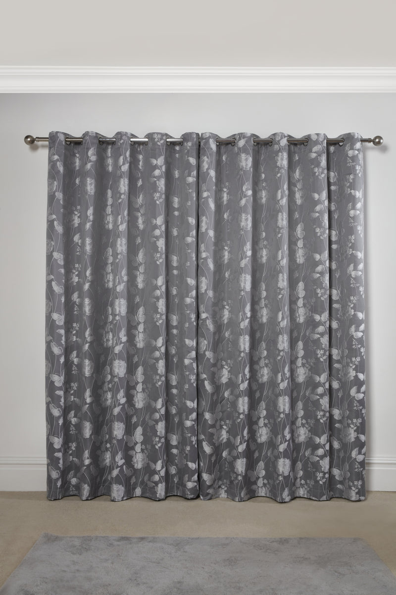 Butterfly Meadow - Lined Eyelet Jacquard Curtains in Silver