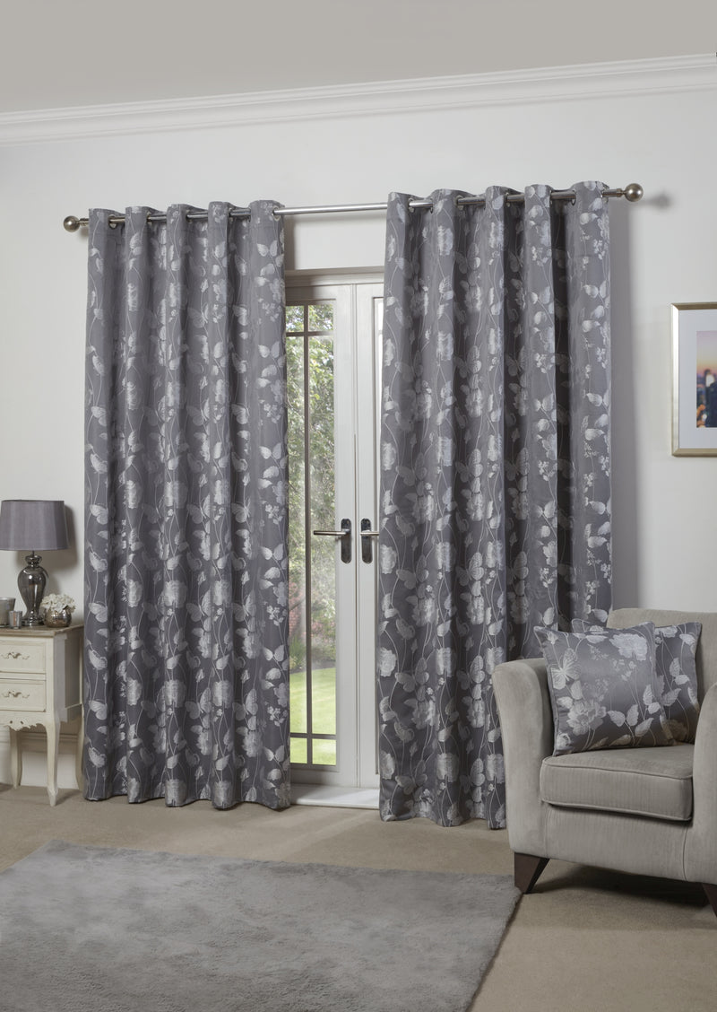 Butterfly Meadow - Lined Eyelet Jacquard Curtains in Silver