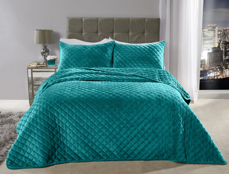 Regent Quilted Soft Touch Velvet Bedspread Set in Emerald Green