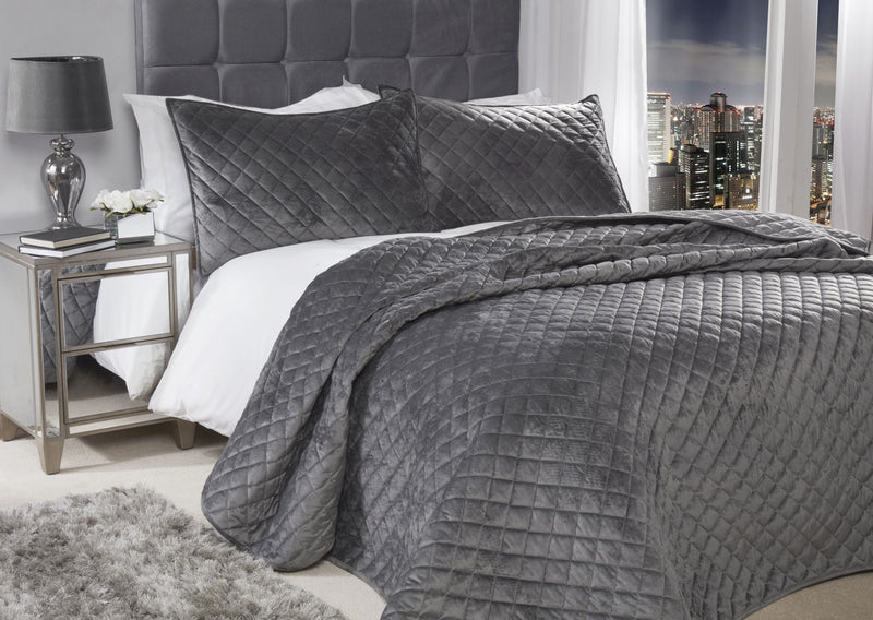 Regent Quilted Soft Touch Velvet Bedspread Set in Silver