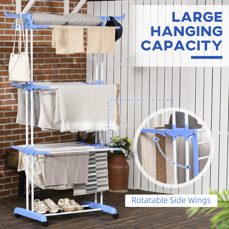 HOMCOM Foldable Clothes Drying Rack Steel Garment Dryer with Casters Blue