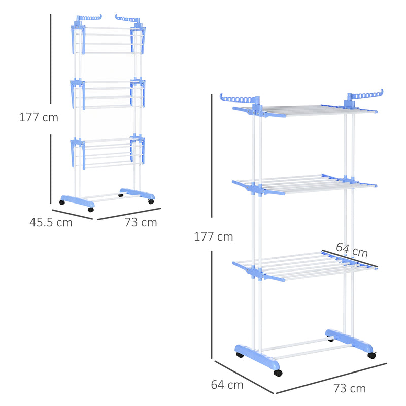 HOMCOM Foldable Clothes Drying Rack Steel Garment Dryer with Casters Blue