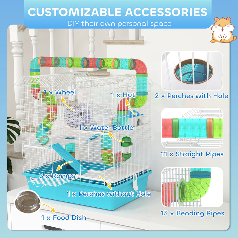 PawHut 4 Tier Hamster Cage with Tubes, for Drawf, 58 x 36 x 65cm, Light Blue