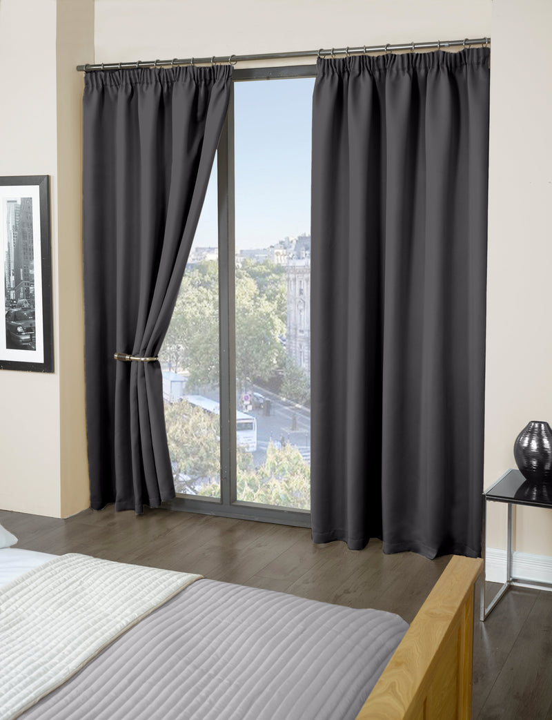 Cali Pencil Pleat - Woven Thermal Blackout Pencil Pleat Curtains in Charcoal