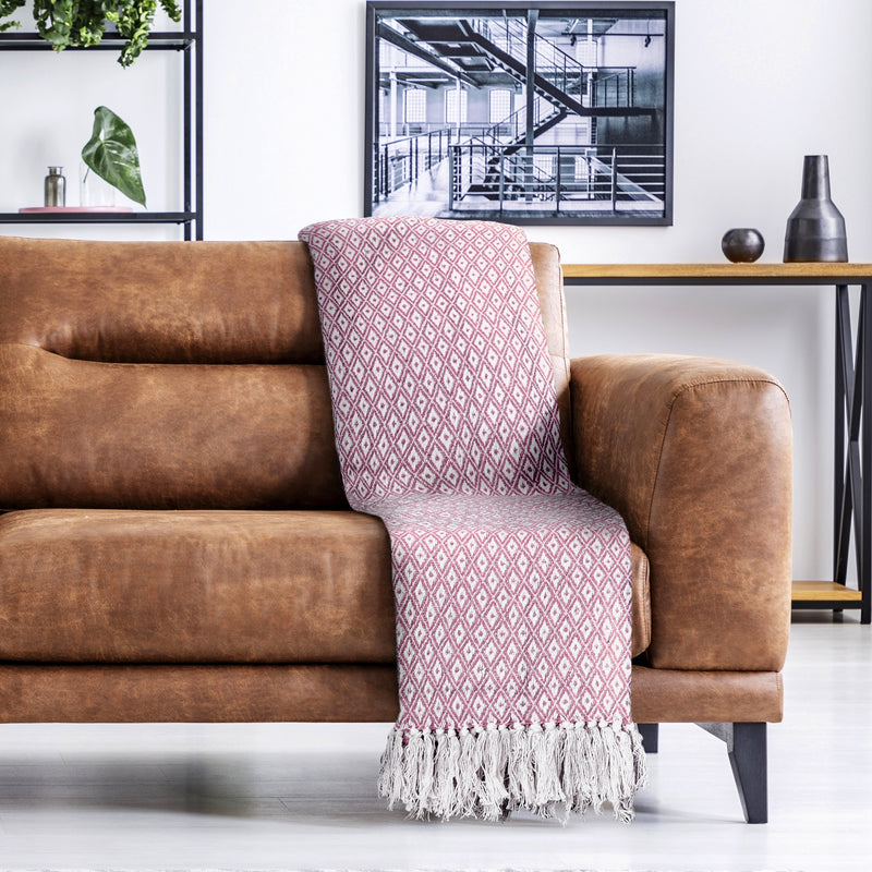 Casablanca - Scandi Woven Recycled Cotton Chair Sofa Setee Bed Throw Over Blanket in Blush Pink