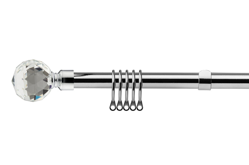 Crystal - Extendable Curtain Pole with Rings and Pair of End Finials in Chrome