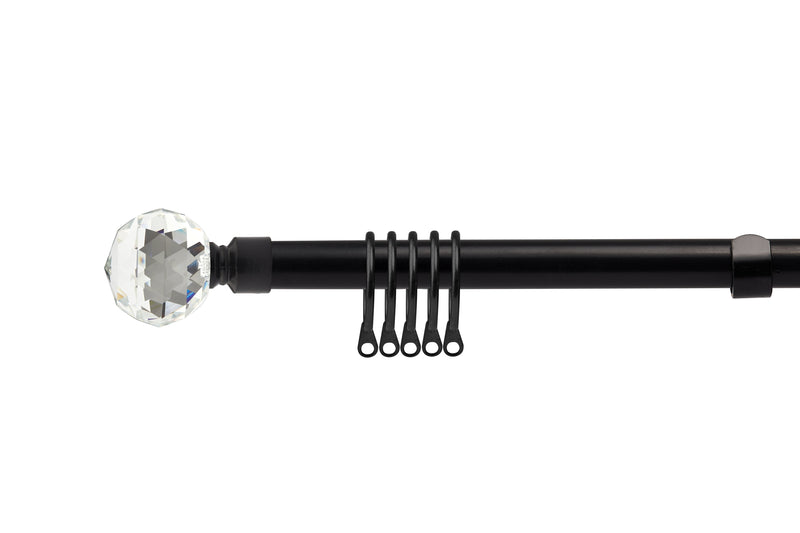 Crystal - Extendable Curtain Pole with Rings and Pair of End Finials in Matt Black