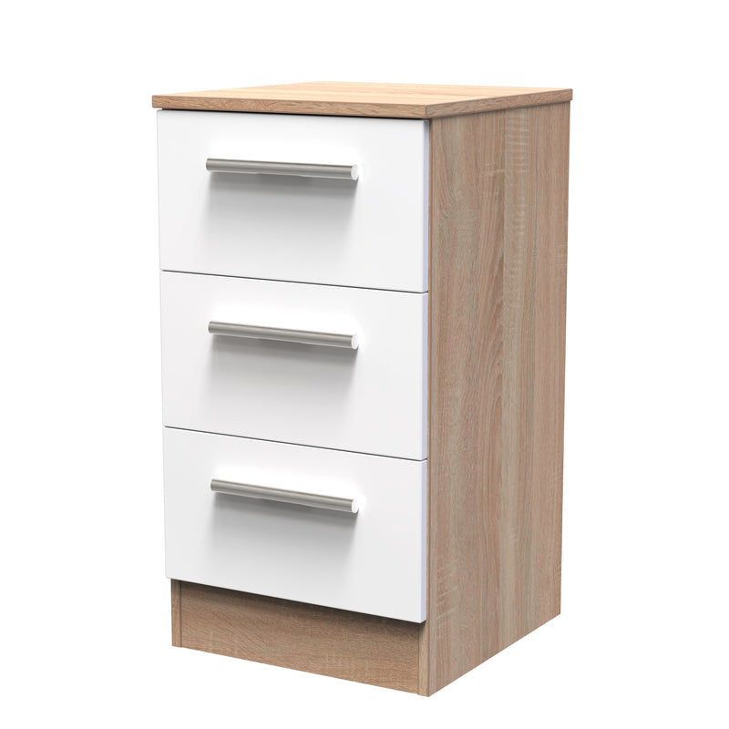 Copenhagen Ready Assembled Bedside Table with 3 Drawers  - White Gloss & Bardolino Oak