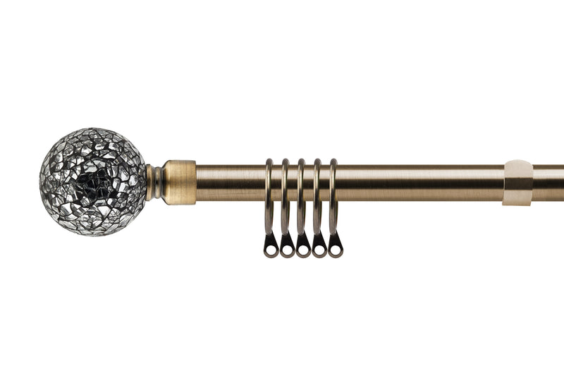 Cut Glass - Extendable Curtain Pole with Rings and Pair of End Finials in Antique Brass