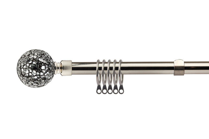 Cut Glass - Extendable Curtain Pole with Rings and Pair of End Finials in Brushed Silver