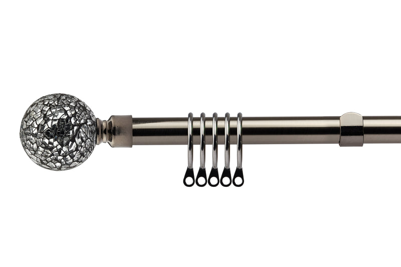 Cut Glass - Extendable Curtain Pole with Rings and Pair of End Finials in Black Silk