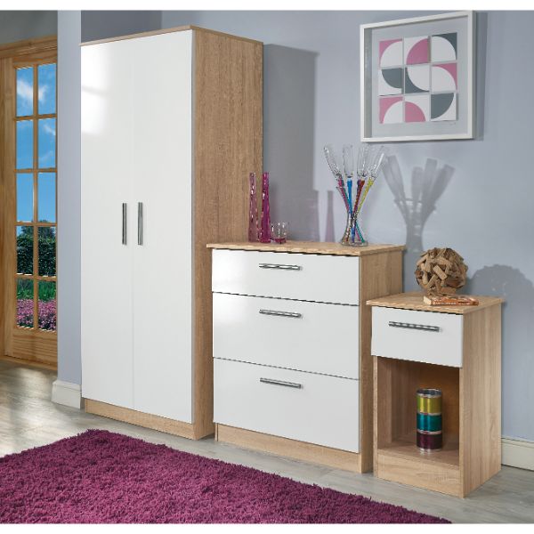 Copenhagen Ready Assembled Wardrobe with Triple Mirror  - White Gloss & Bardolino Oak