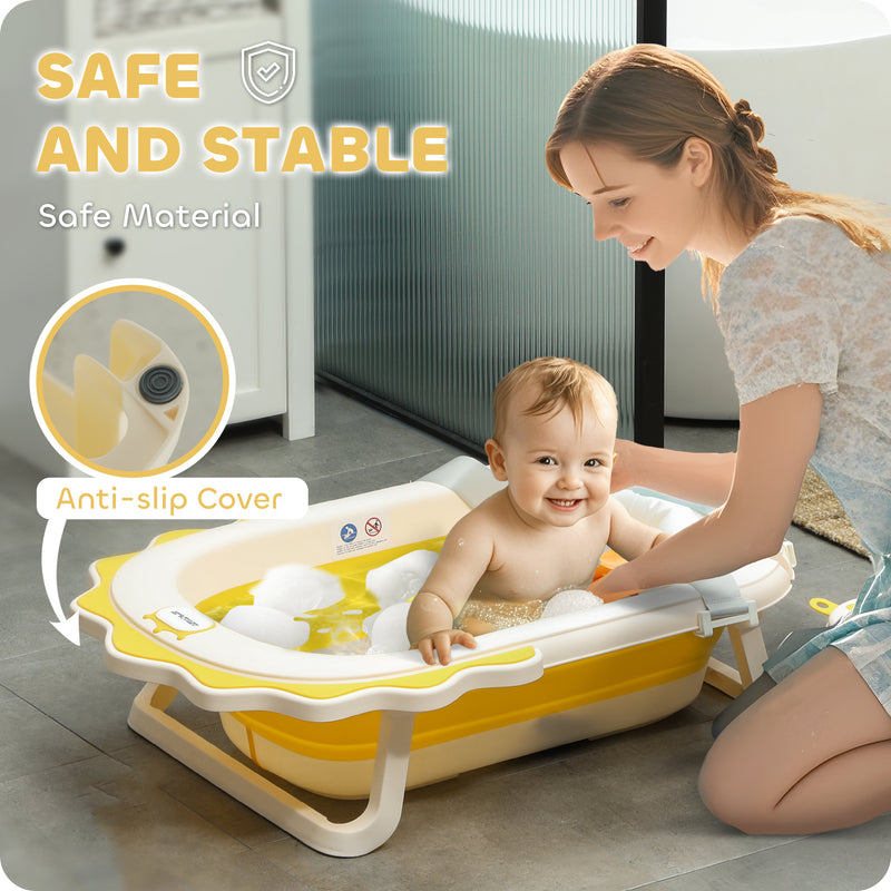 AIYAPLAY Foldable Baby Bath Tub Set with Bath Cushion, Wash Basin, Yellow