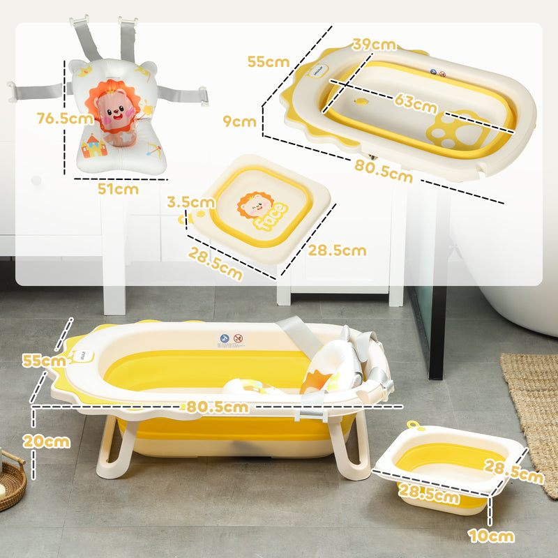 AIYAPLAY Foldable Baby Bath Tub Set with Bath Cushion, Wash Basin, Yellow