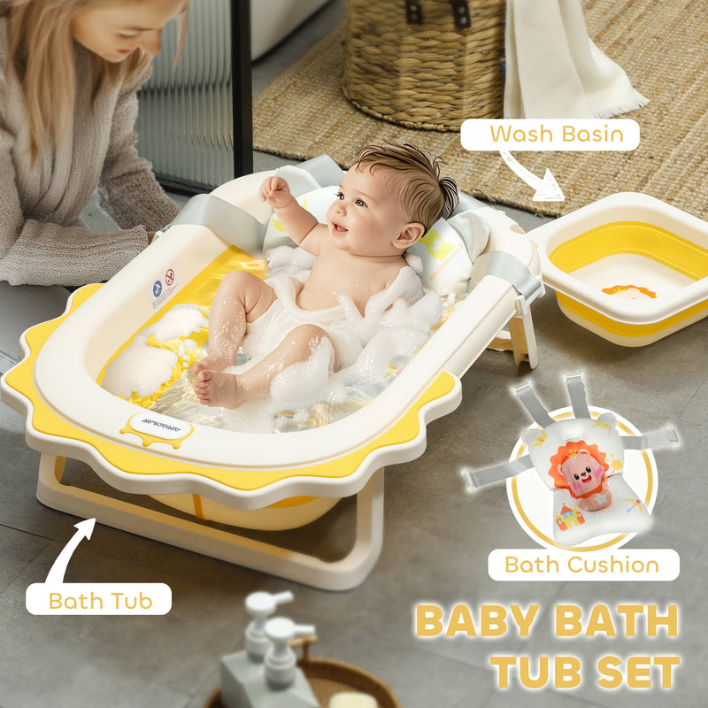 AIYAPLAY Foldable Baby Bath Tub Set with Bath Cushion, Wash Basin, Yellow