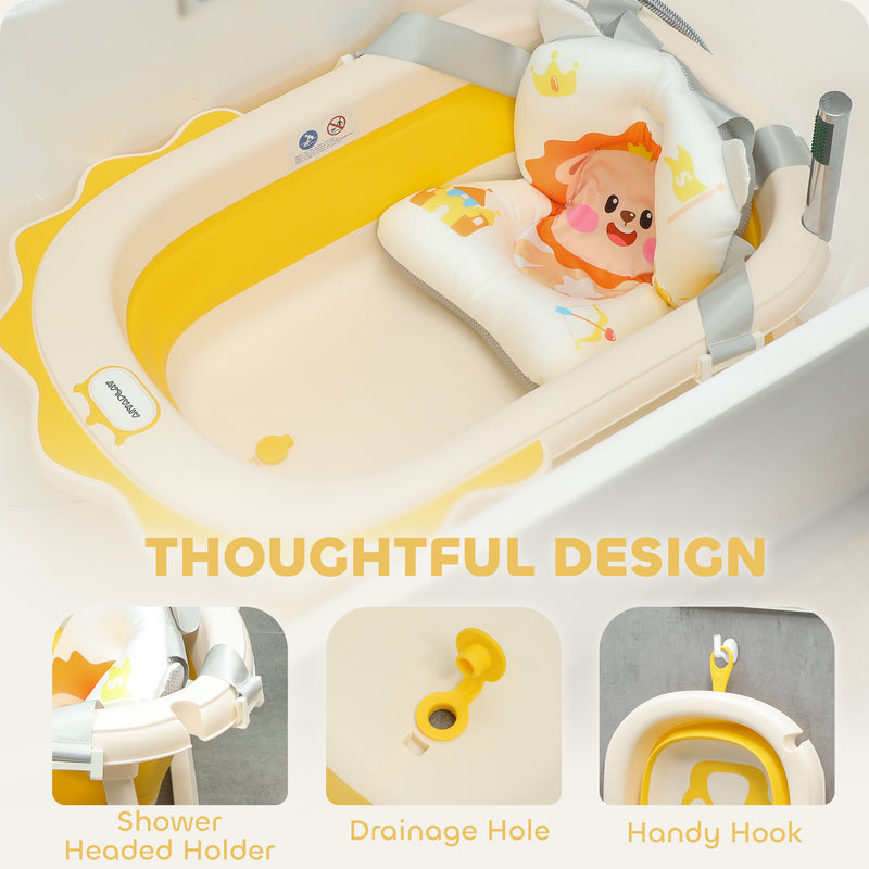 AIYAPLAY Foldable Baby Bath Tub Set with Bath Cushion, Wash Basin, Yellow