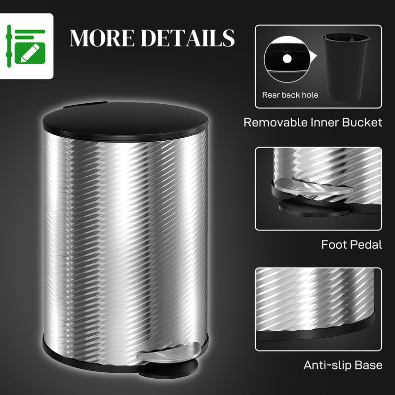 HOMCOM 20L Kitchen Pedal Bin, Stainless Steel Bin with Soft-close Lid, Silver