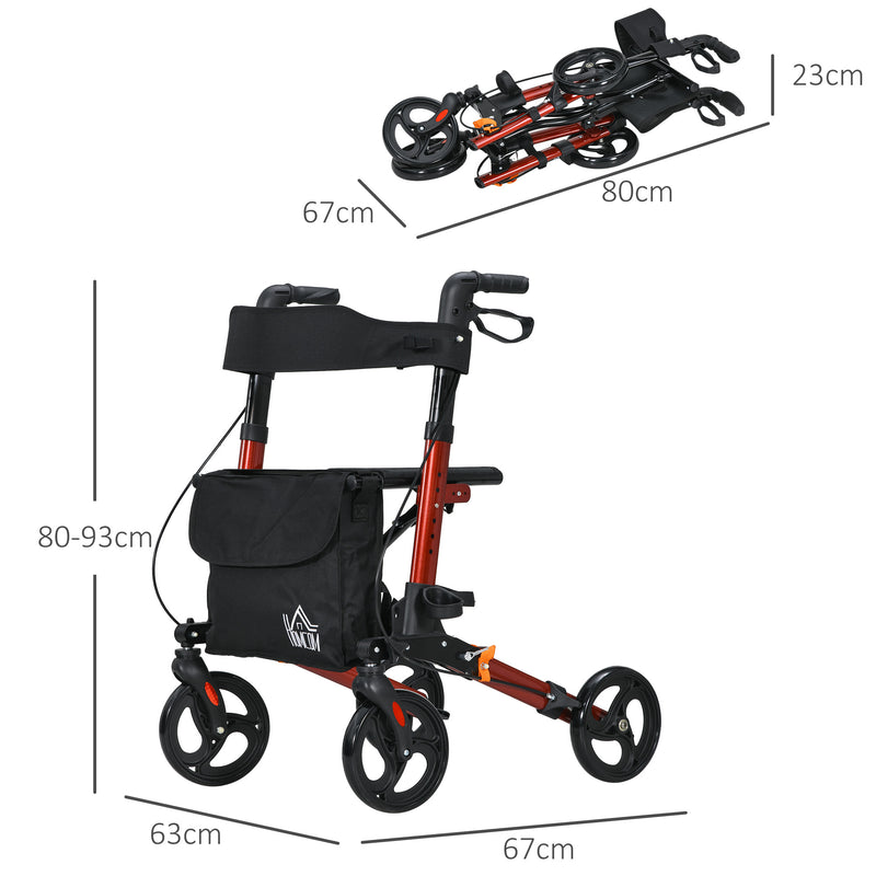 4 Wheel Rollator Walker with Seat Adjustable Mobility Walker with Bag, Red