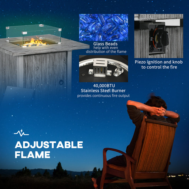 Outsunny Gas Fire Pit Table with 50,000 BTU Burner, Cover, Glass Screen, Grey