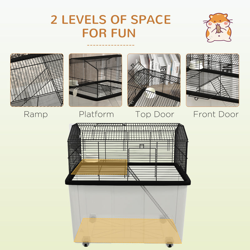 PawHut Hamster Cage, Two-Tier Gerbil Cage w/ Deep Bottom, Ramp, Food Dish