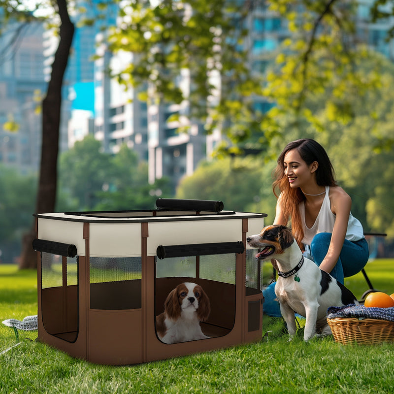 PawHut Portable Dog Pen for Puppies, Rabbits, Kittens, Guinea Pigs - Brown