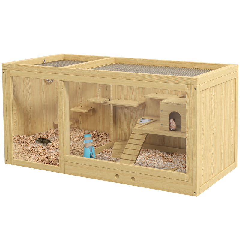 PawHut Wooden Hamster Cage with Water Bottle, Platforms, Openable Roof