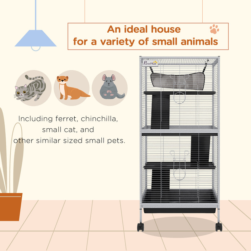 PawHut Rolling Small Animal Cage for Chinchillas Ferrets Kittens W/ Ramp Grey