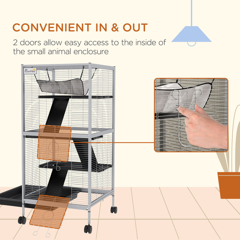 PawHut Rolling Small Animal Cage for Chinchillas Ferrets Kittens W/ Ramp Grey