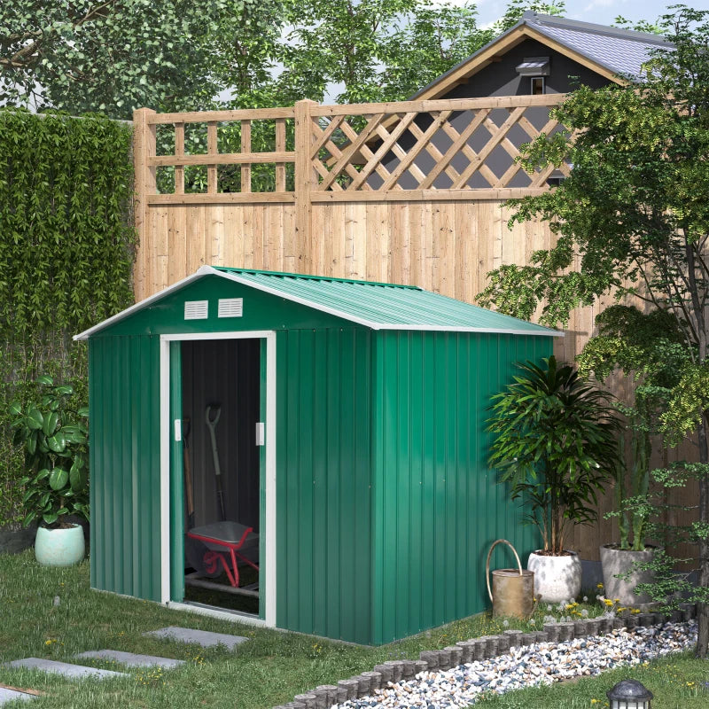 Outsunny  Galvanised Metal Garden Shed   9ft  X 6ft - Green