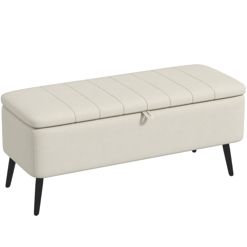 HOMCOM Storage Ottoman Bench, Linen Fabric Footstool with Steel Legs Cream White