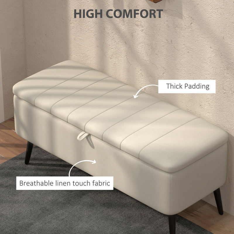 HOMCOM Storage Ottoman Bench, Linen Fabric Footstool with Steel Legs Cream White