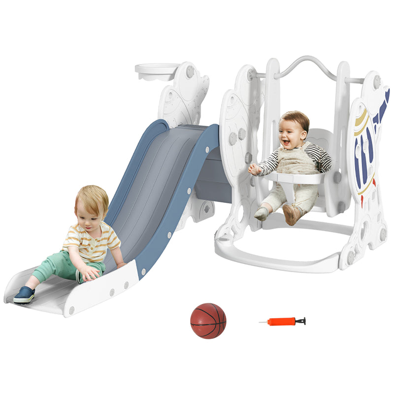 AIYAPLAY Space-Themed Slide and Swing Set for Kids w/ Basketball Hoop, Blue