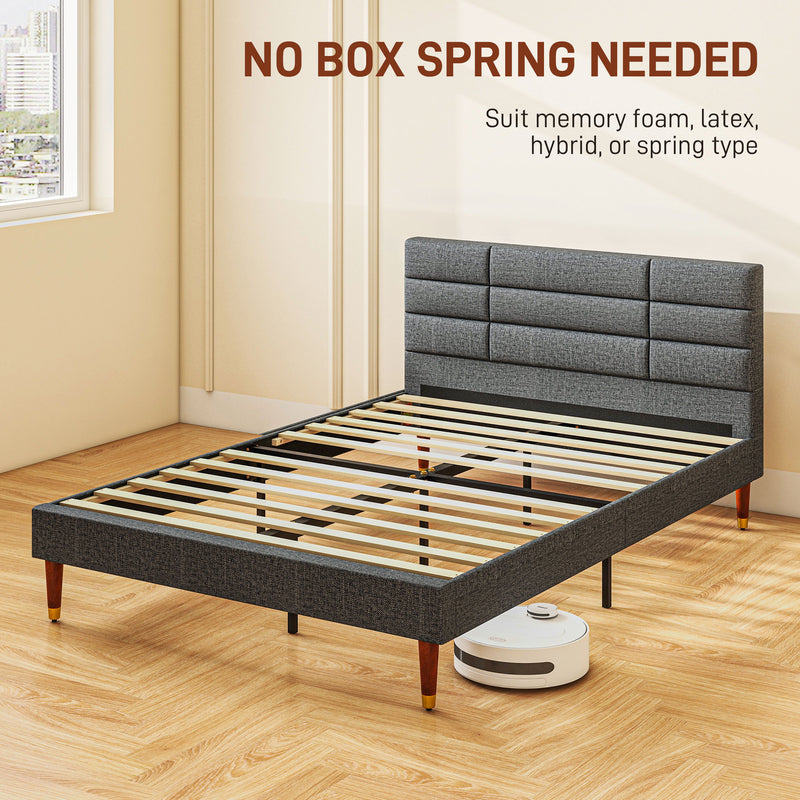 HOMCOM 4ft Upholstered Double Bed Frame w/ Wooden Slat No Box Spring Needed