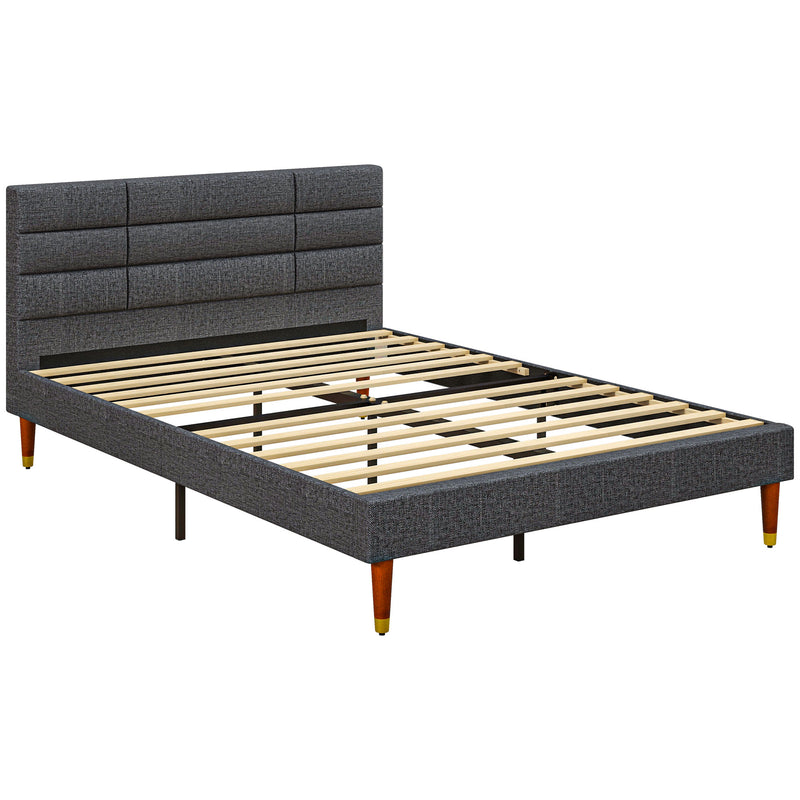 HOMCOM 4ft Upholstered Double Bed Frame w/ Wooden Slat No Box Spring Needed