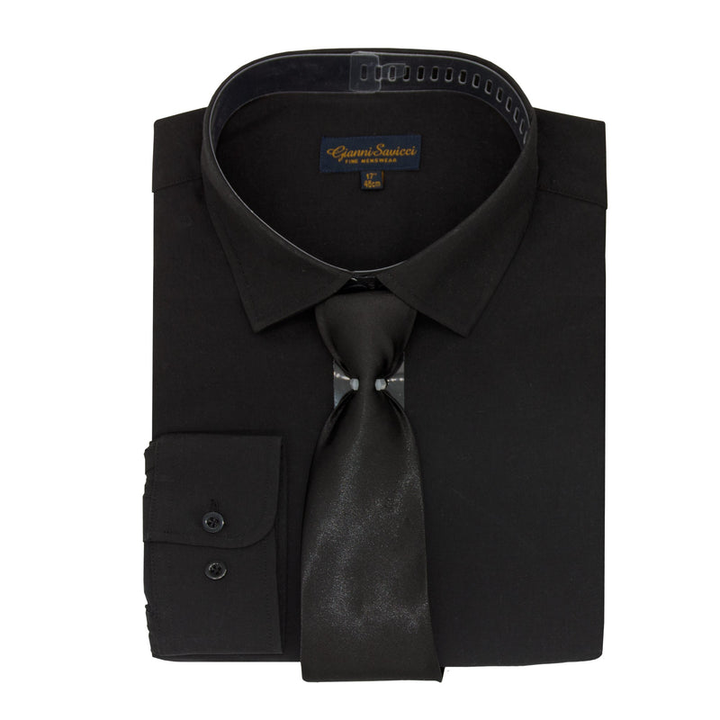 Gianni Savicci Long Sleeve Shirt & Tie Set - Black