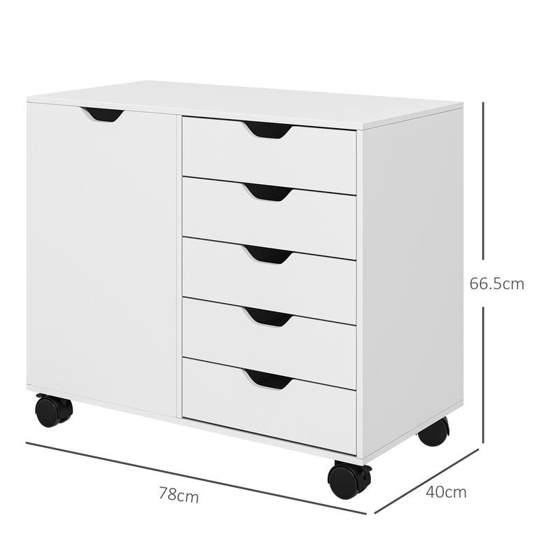 HOMCOM Modern Mobile 5-Drawer Cabinet w/ Door, Office Storage Cabinet White