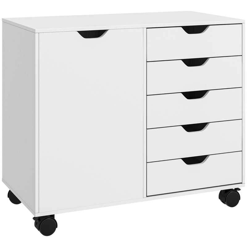 HOMCOM Modern Mobile 5-Drawer Cabinet w/ Door, Office Storage Cabinet White