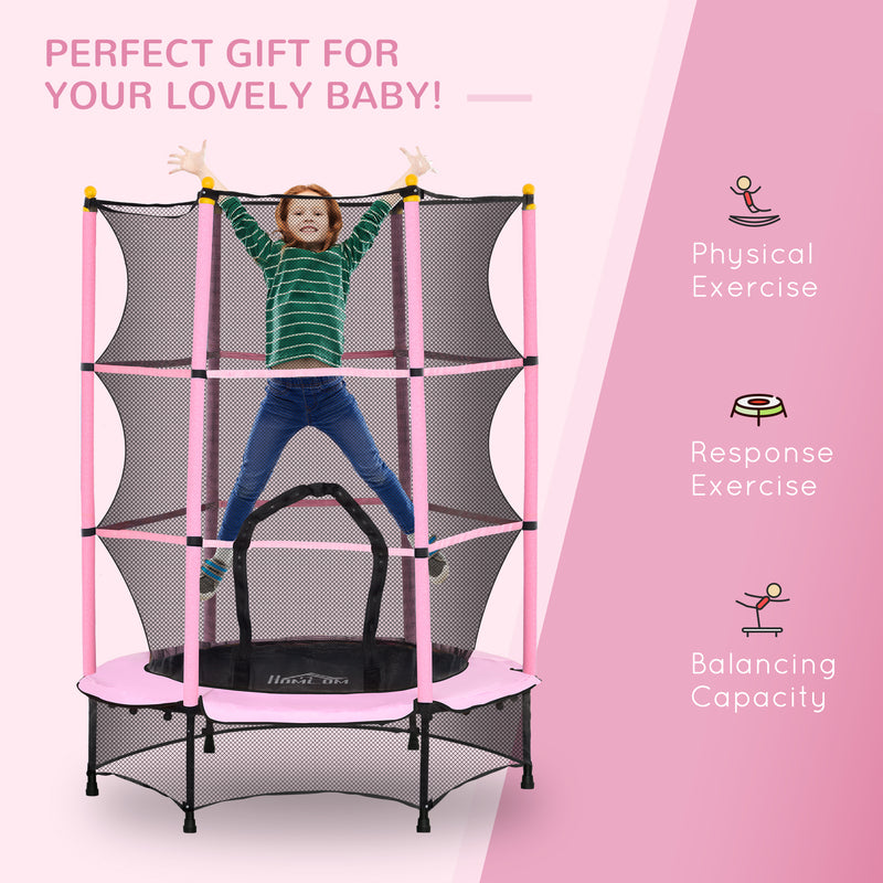 HOMCOM 4.6FT/75 Inch Kids Trampoline With Safety Enclosure, Indoor Outdoor, Pink