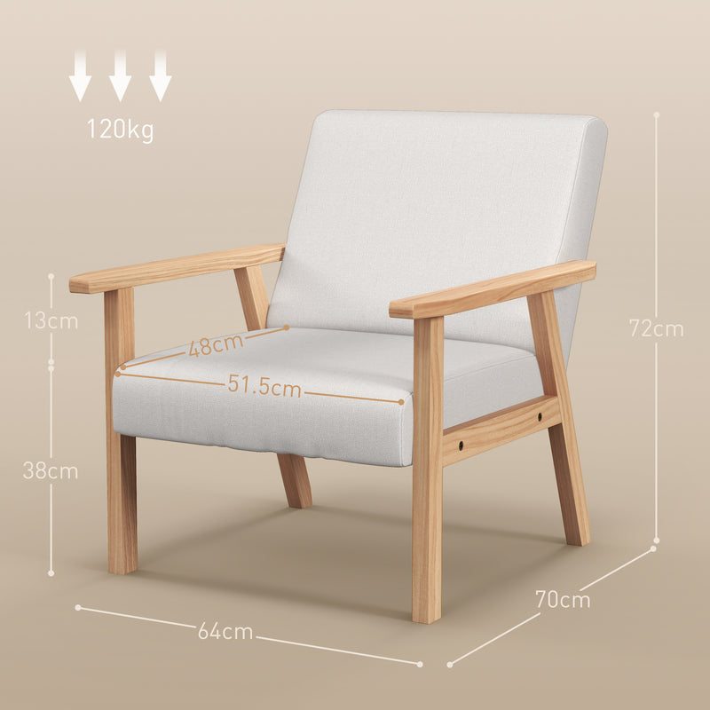 HOMCOM Accent Chair with Wood Frame Wide Seat Linen Armchair Cream White